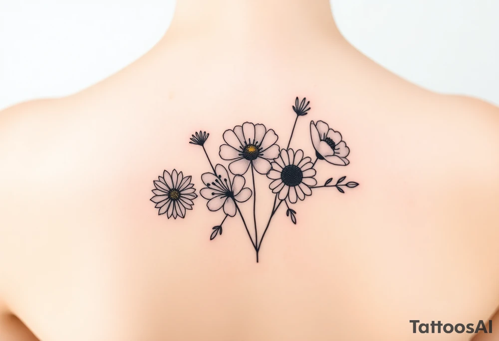 Small flower bouquet with order of flowers, daisy, cosmo, poppy, chrysanthemum, cosmo tattoo idea