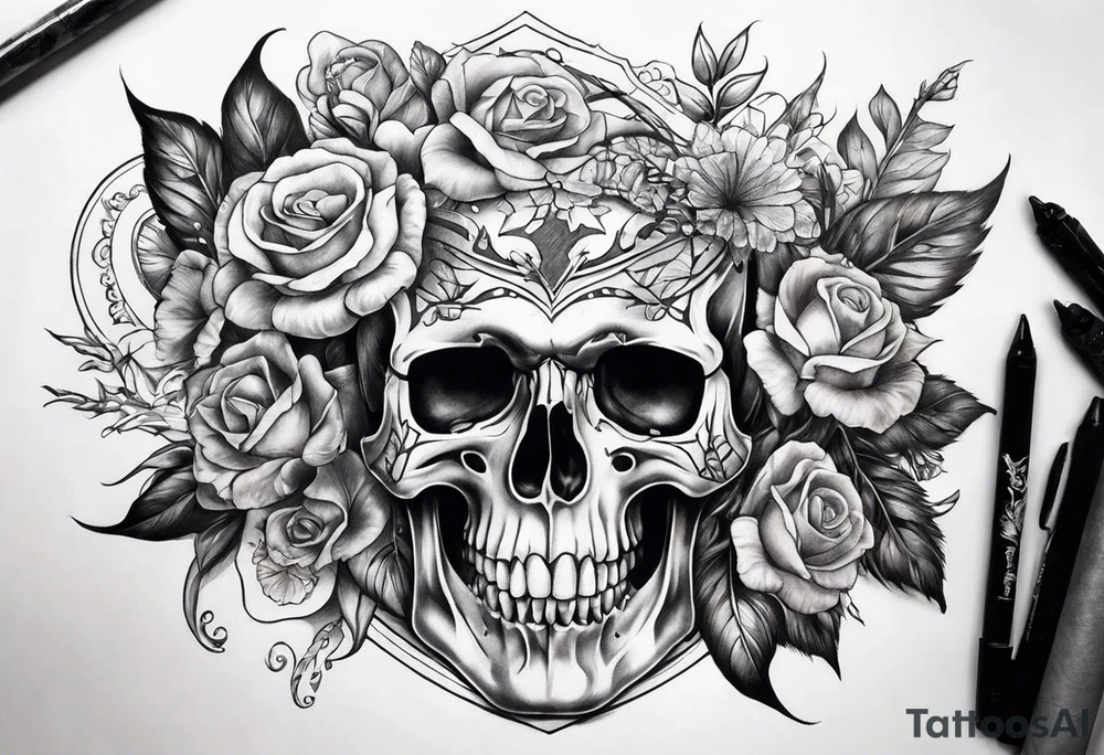 tattoo that fills entire length from shoulder to fingers that symbolizes pain including screaming skulls, dead flowers and more tattoo idea