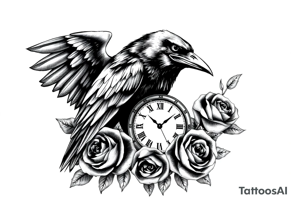 raven,roses,clock. tattoo idea