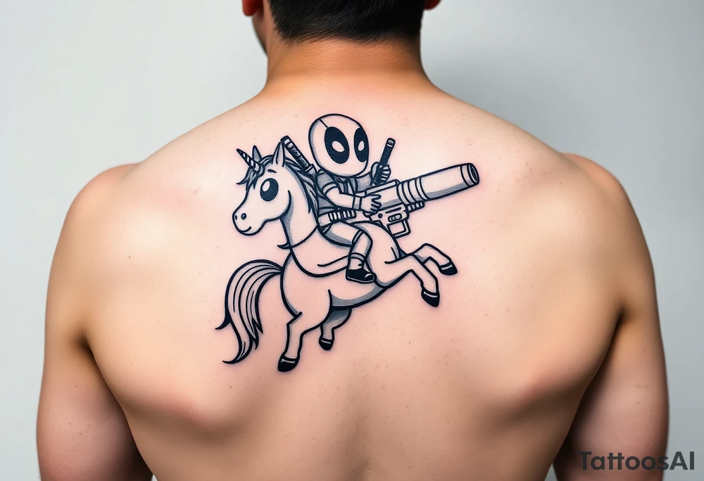 Deadpool riding cartoon unicorn pointing rocket propelled grenade launcher tattoo idea