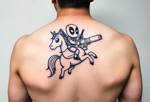 Deadpool riding cartoon unicorn pointing rocket propelled grenade launcher tattoo idea