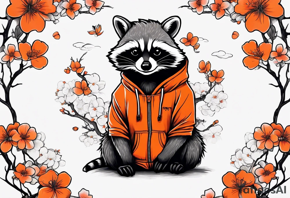 raccoon wearing a black and white Superman hoodie and orange Japanese cherry blossoms tattoo idea