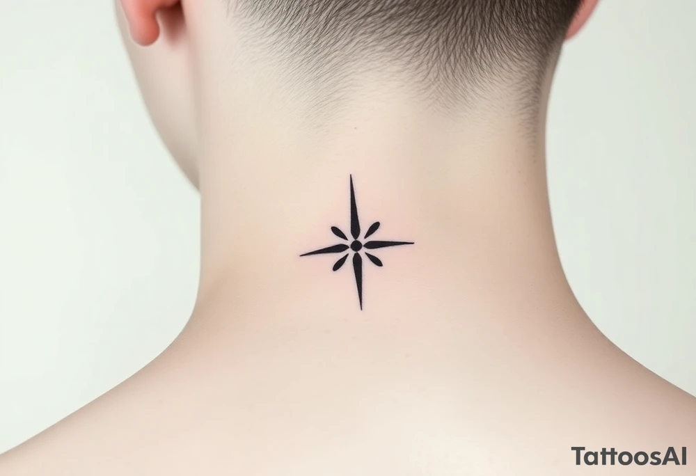 A minimalist crescent moon neck tattoo positioned just behind the ear. The crescent moon is thin and curves to the left. A sharp vertical line extends downward from the inner curve of the moon, intersecting with a symmetrical starburst shape at the center of the line. The starburst has four points — the top and bottom points are elongated, while the horizontal points are shorter, giving it a sleek and modern look. The design features clean, thin lines with a slightly hand-drawn feel, combining celestial and geometric elements. The tattoo follows the natural curve of the neck, giving it an elegant and balanced appearance. tattoo idea