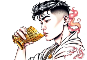 Handsome Asian young guy is drinking from medieval golden cup tattoo idea