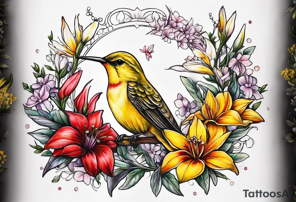 Libra hummingbird yellow finch cardinal flower garden dark sad beautiful mother tattoo idea