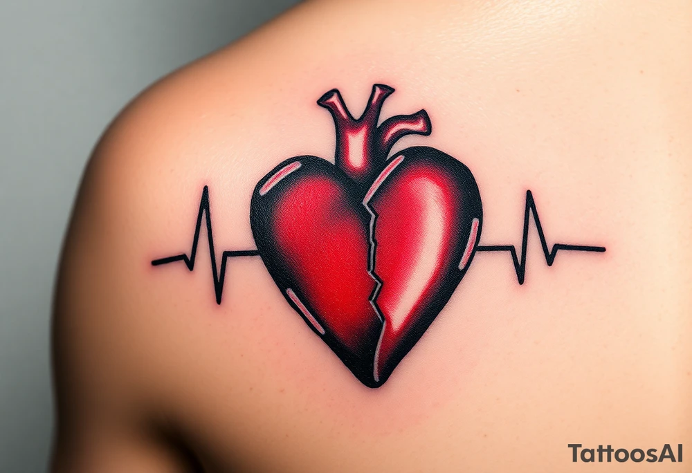 A heartbeat line surrounding a broken heart, painted in black and gray with a vibrant red center, symbolizing pain and recovery. tattoo idea