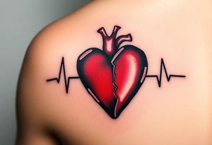 A heartbeat line surrounding a broken heart, painted in black and gray with a vibrant red center, symbolizing pain and recovery. tattoo idea