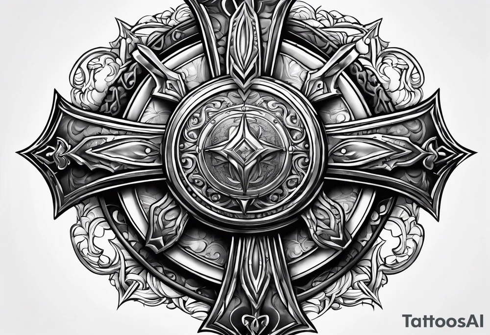 armor piece with a cross in the center and a sun on the side tattoo idea