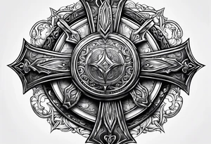 armor piece with a cross in the center and a sun on the side tattoo idea