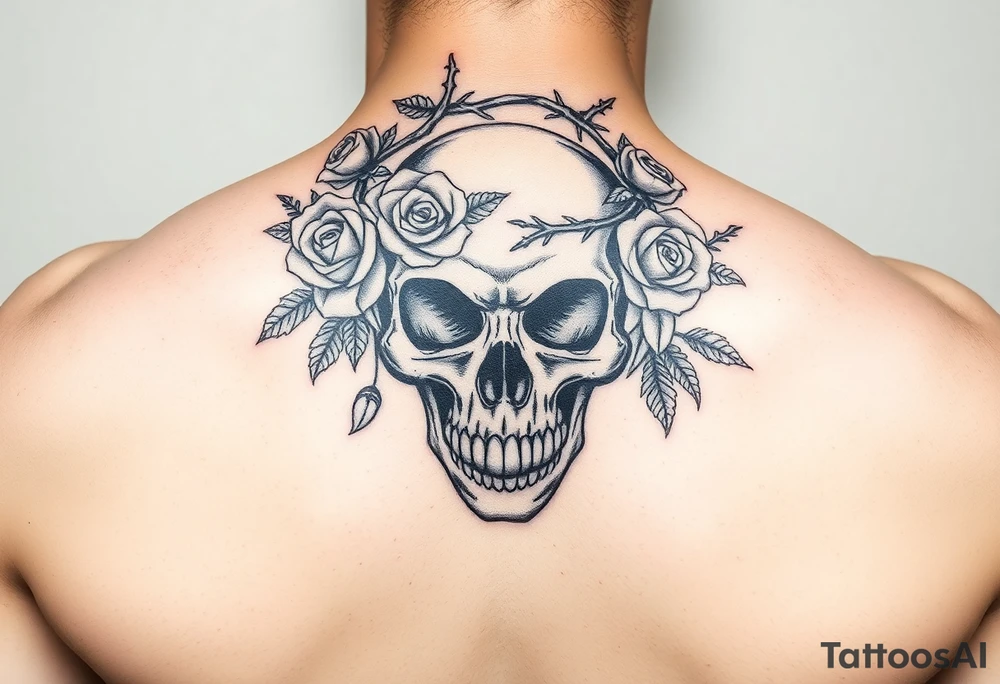 ornate skull adorned with crown of wild roses and thorns tattoo idea