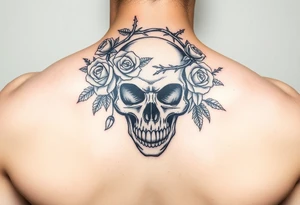 ornate skull adorned with crown of wild roses and thorns tattoo idea