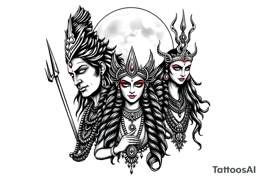 Lord Shiva, Godess Kali, Godess Lilith Together with the moon in the background tattoo idea