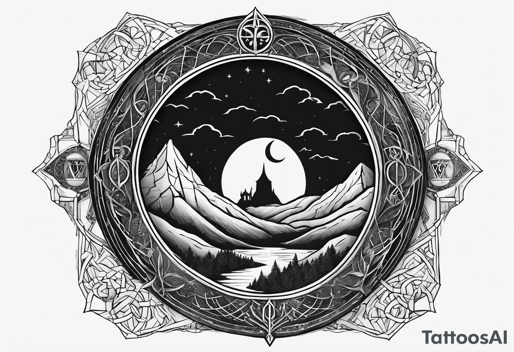 Lord of the rings and Harry Potter movie mashup. Small and simple. Hobbit door hole, wands, elvish writing, deathly hallows tattoo idea