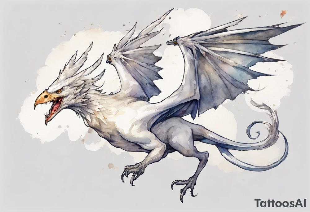 a white bird-wyvern hybrid, wearing a pewter crown on its head, flying in the air tattoo idea