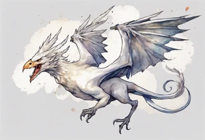 a white bird-wyvern hybrid, wearing a pewter crown on its head, flying in the air tattoo idea
