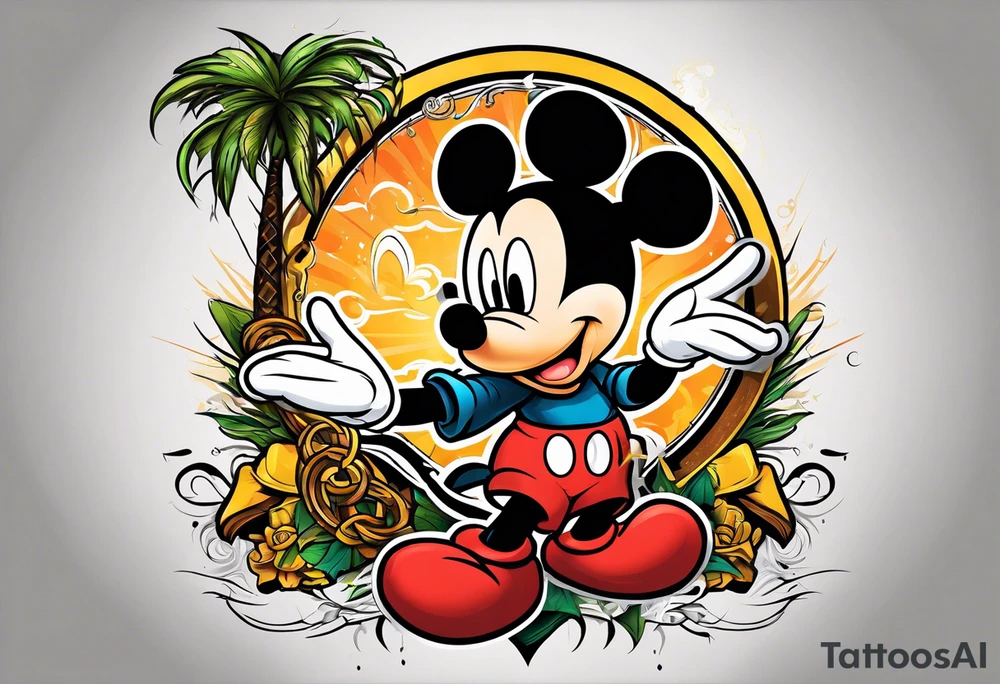 mickey mouse doing martial arts with palm trees, lightning storm and the celtic symbol for family tattoo idea