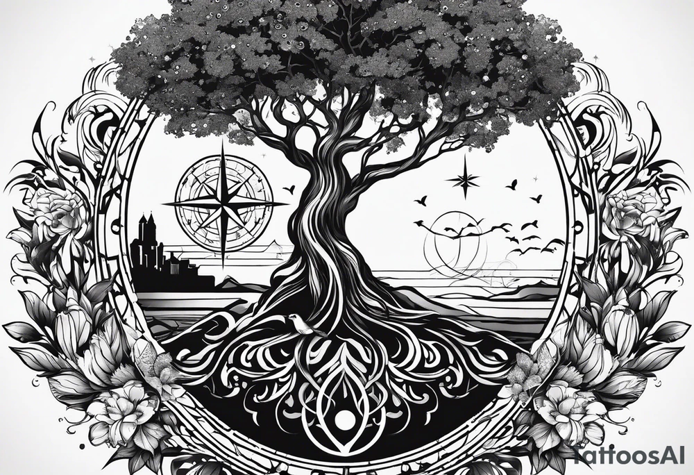 Create me a tattoo only in black with thin lines with a tree of life in the middle, a compass above with GPS coordinates, three little birds from the music "three little birds" by Bob Marley. tattoo idea