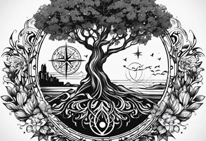 Create me a tattoo only in black with thin lines with a tree of life in the middle, a compass above with GPS coordinates, three little birds from the music "three little birds" by Bob Marley. tattoo idea