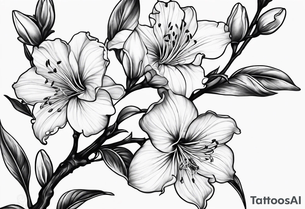 5-petal azaleas with buds along a long branch tattoo idea