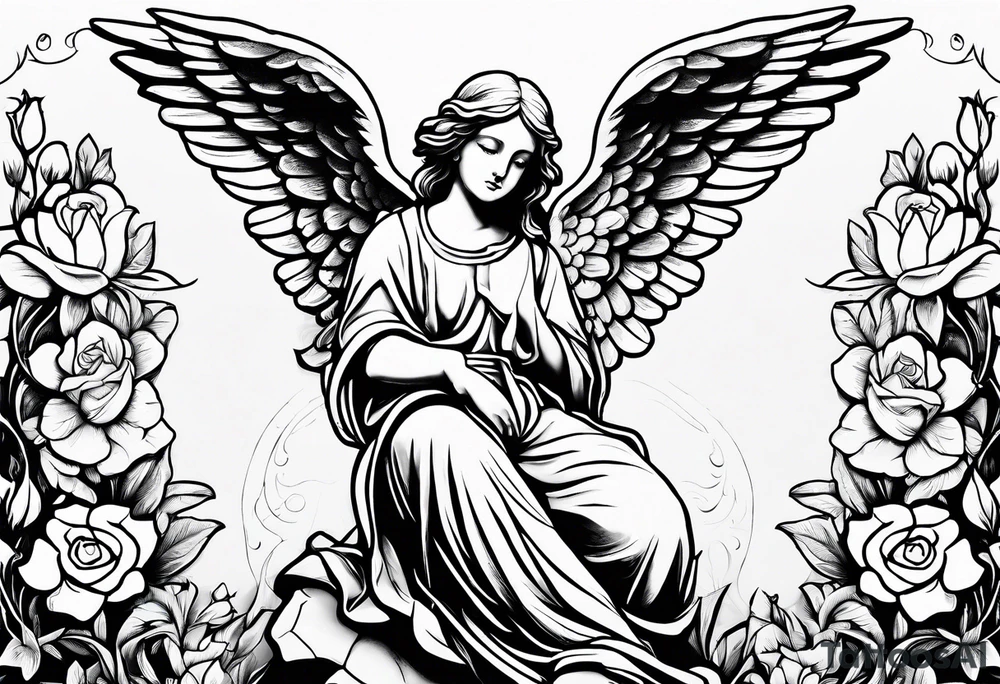 Simple Angel statue stood on a rock with daffodils and roses wrapped around its legs tattoo idea