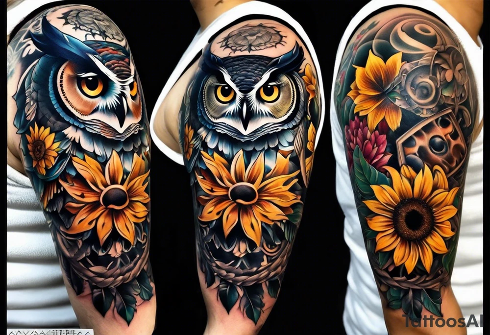 Owl, butterfly and sunflower are sleeve tattoo idea