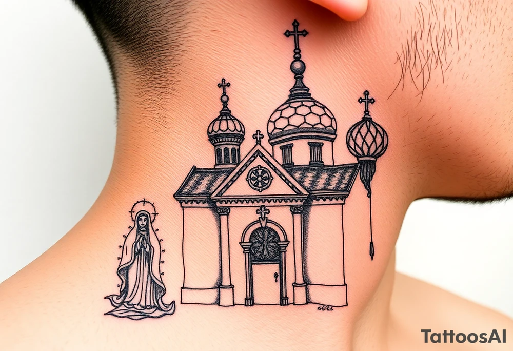 medium sized Russian orthodox church with bulb domes with a prominent russian orthodox style virgin mary stood outside to the left tattoo idea