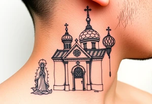 medium sized Russian orthodox church with bulb domes with a prominent russian orthodox style virgin mary stood outside to the left tattoo idea