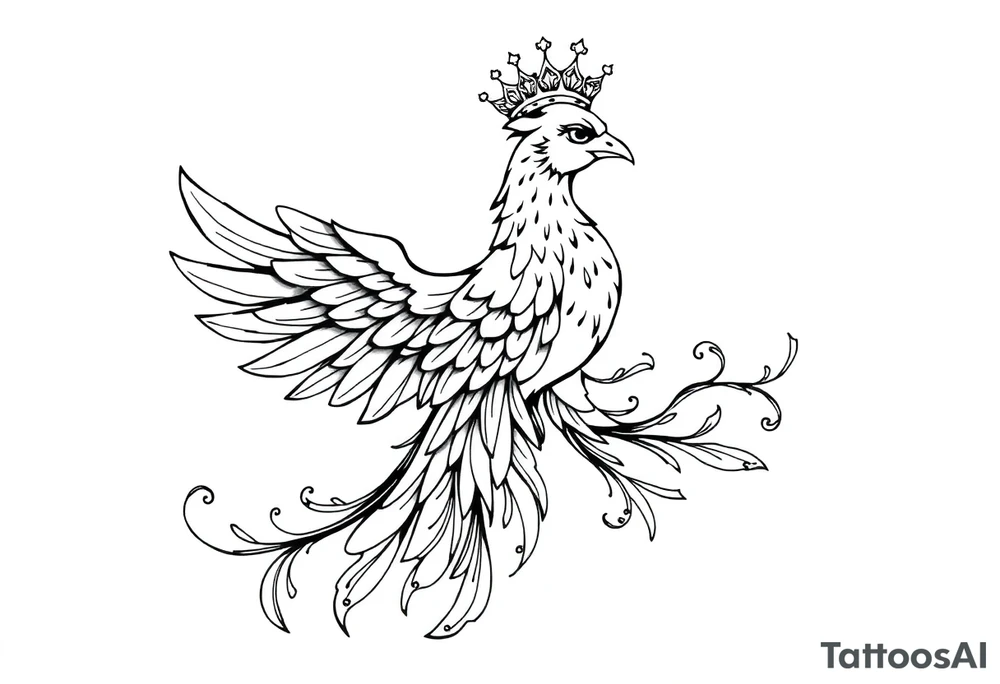Pheonix wearing a crown with flowy long tail tattoo idea