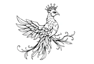 Pheonix wearing a crown with flowy long tail tattoo idea