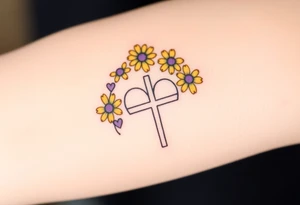 Yellow daisy Purple Hearts around a cross tattoo idea