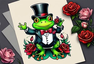 Cute Frog standing on back legs  in a top hat and a formal suit holding flowers to go on a date tattoo idea