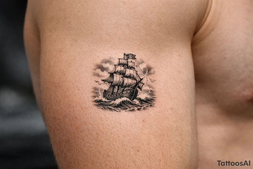 a pirate ship on stormy sea. tattoo idea