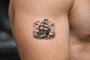 a pirate ship on stormy sea. tattoo idea