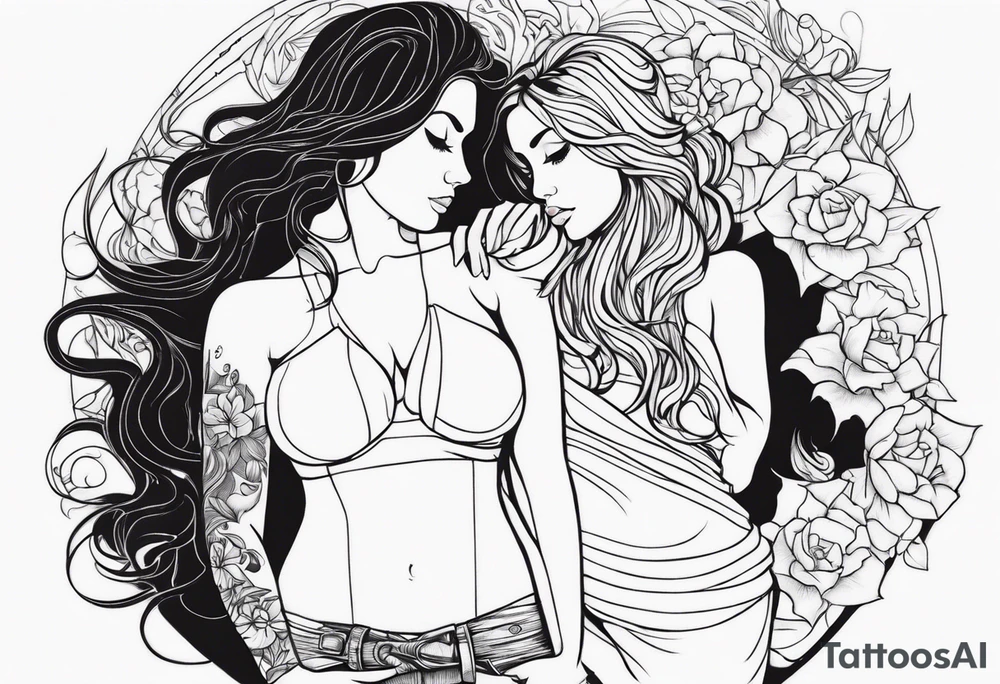 Busty red hair woman with bearded man black hair tattoo idea