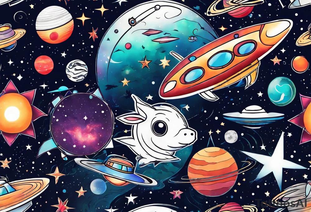 Tattoo featuring space featuring spaceships and featuring water in galaxy colours featuring animals tattoo idea