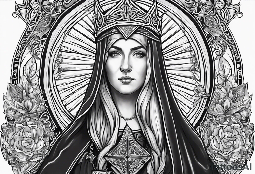 A full back piece themed on the surname mcbride and the irish saint bridget. It should not have her actual face in it. It should take inspiration from artwork of saint bridget holding fire in her hands. It should have the text Vincit Pericula Virtus on it tattoo idea