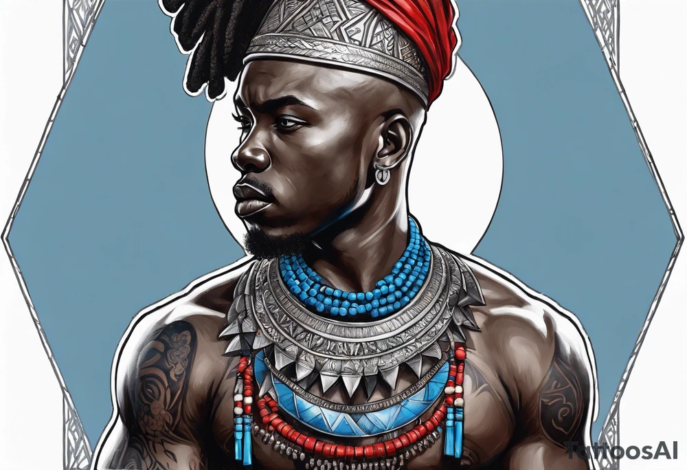 Black-skinned bald african warrior. He wears a simple and small silver crown. He uses blue and red necklaces tattoo idea