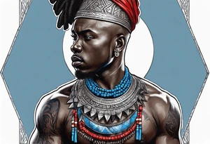 Black-skinned bald african warrior. He wears a simple and small silver crown. He uses blue and red necklaces tattoo idea