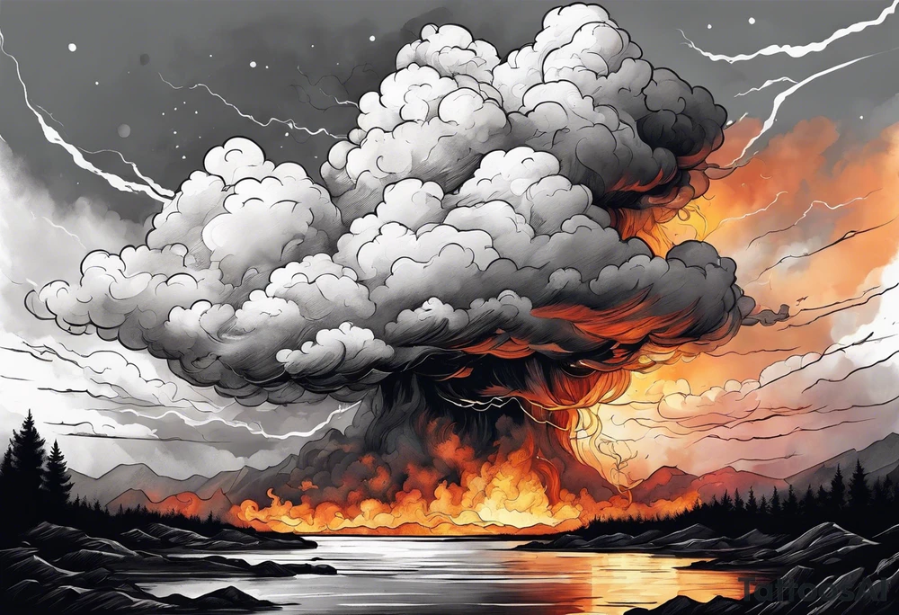 Hardcore clouds with lightning spawned by fire tattoo idea