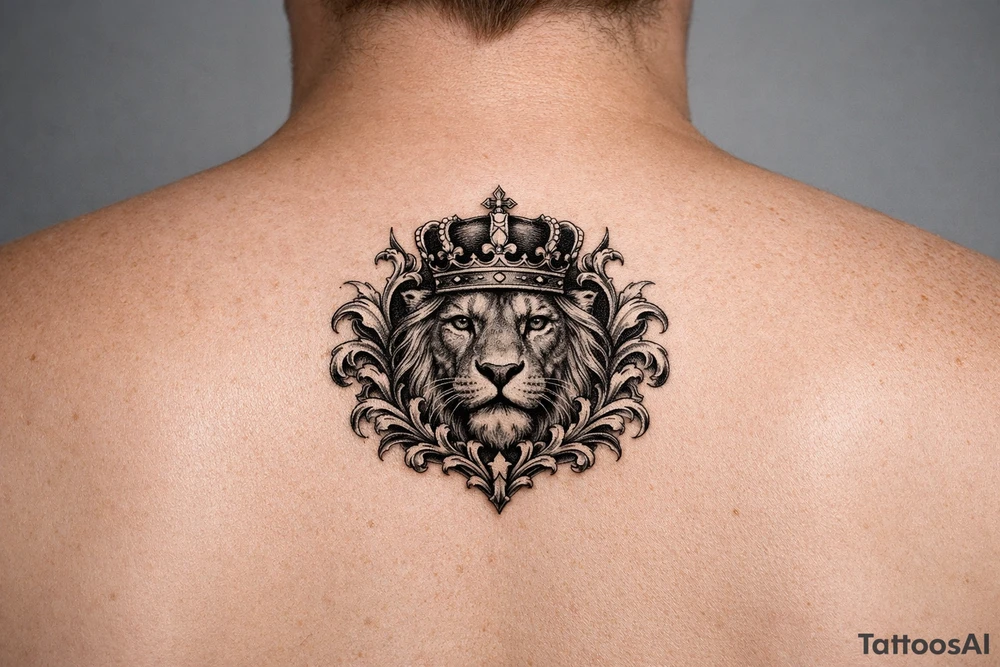majestic lion wearing ornate crown, surrounded by baroque flourishes tattoo idea