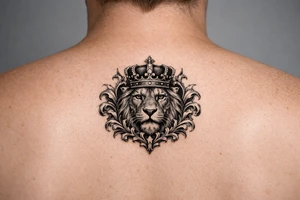 majestic lion wearing ornate crown, surrounded by baroque flourishes tattoo idea