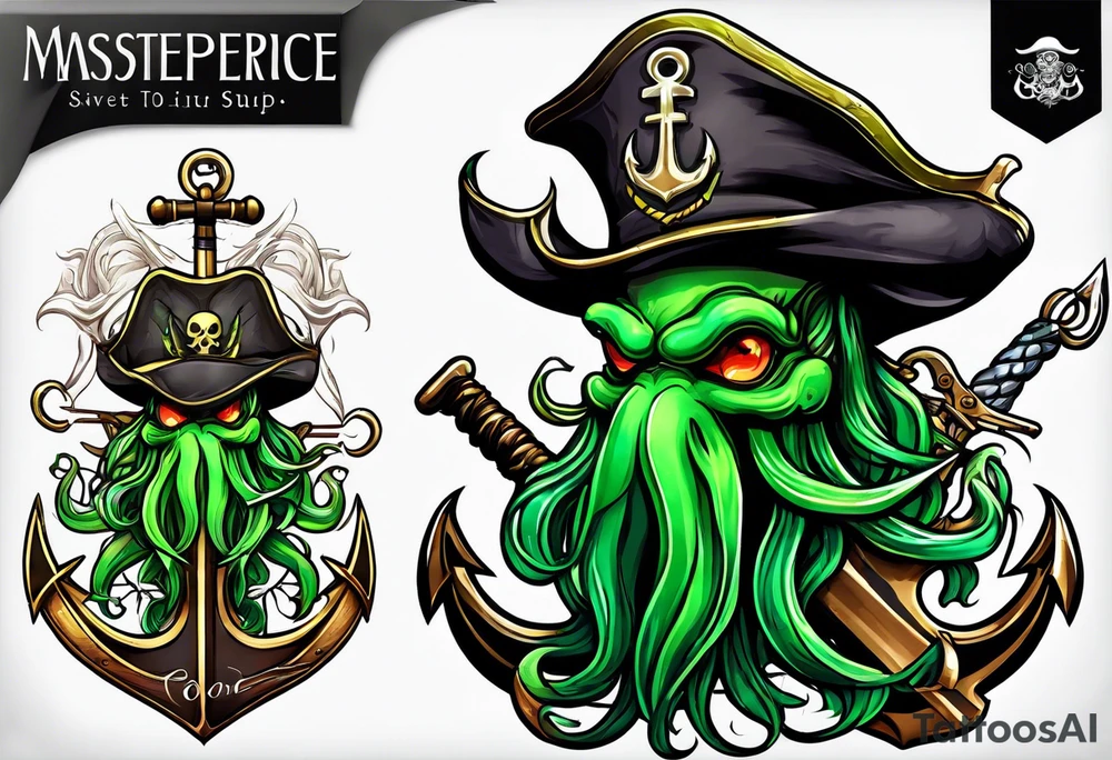 green pirate squid holding sword and anchor tattoo idea