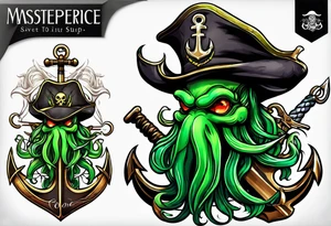 green pirate squid holding sword and anchor tattoo idea