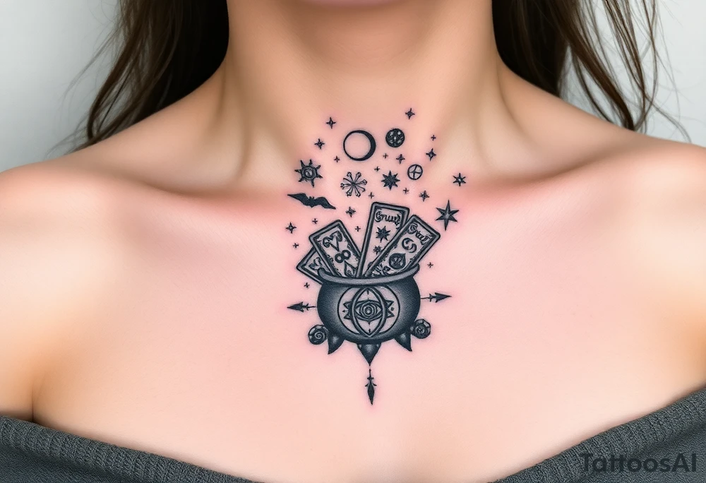 Milky way galaxy filled with zodiac symbols runes tarot cards coming out of a cauldron tattoo idea