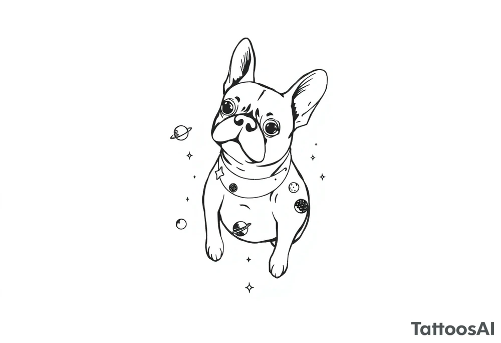a space themed tattoo of my french bulldog mars. include elements in space like planets and stars. tattoo idea