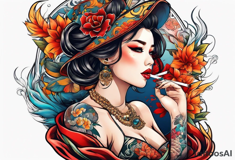 woman smoking cigarette tattoo idea