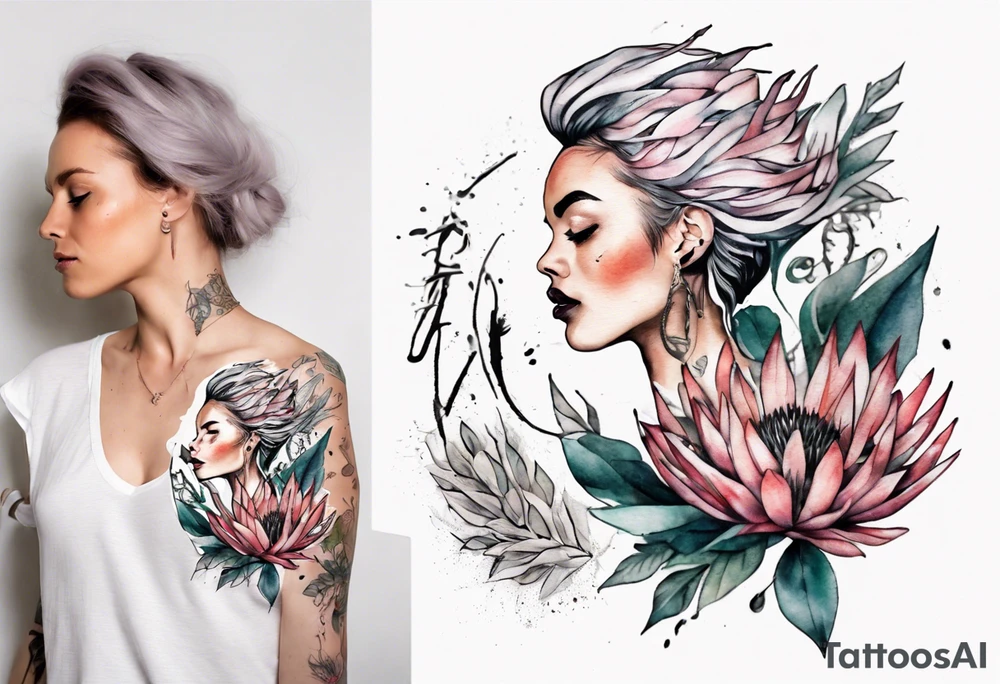 Very feminine tattoo with a woman dancing in a wind of protea flowers tattoo idea