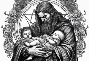 Satan holds a dead child in his arms, against the background of a grave with a pentagram tattoo idea