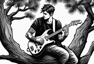 man playing electric guitar while sitting in a pine tree. simple tattoo idea