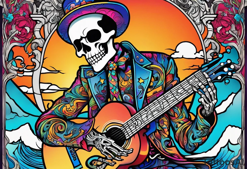 Skeleton playing guitar tattoo idea